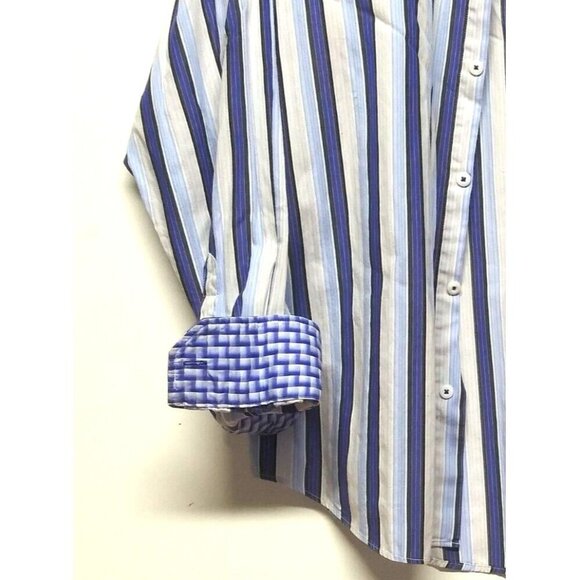 BUGATCHI UOMO Shirt Sz M Striped Flip Cuffs geometric print blue white LS Cotton - Picture 3 of 10